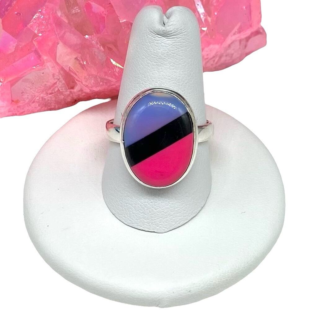 Elegant Silver Ring with Pink and Blue Accents